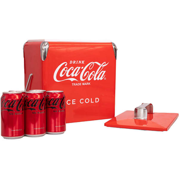A drink bottle cooler box in red, with three cans of Coca-Cola and a bottle opener beside it. Features branding.