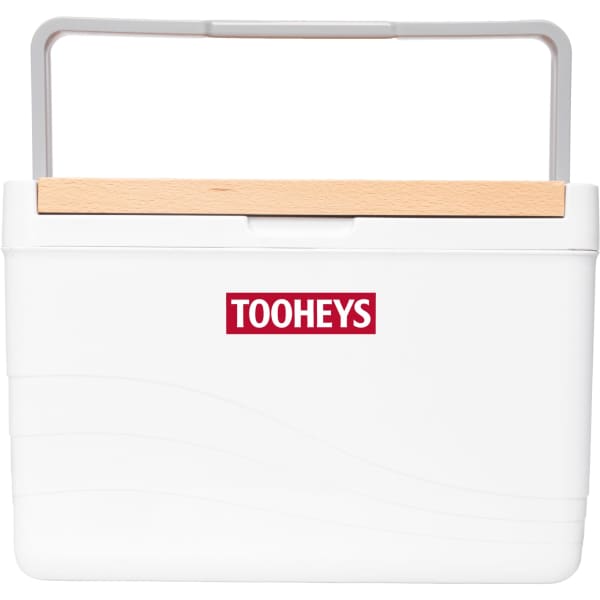A white cooler box with a wooden handle and a logo on the front. Suitable for keeping items cool.
