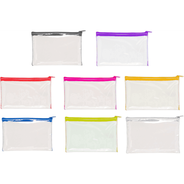 A collection of clear PVC pencil cases in various colours: red, purple, pink, yellow, green, and silver.