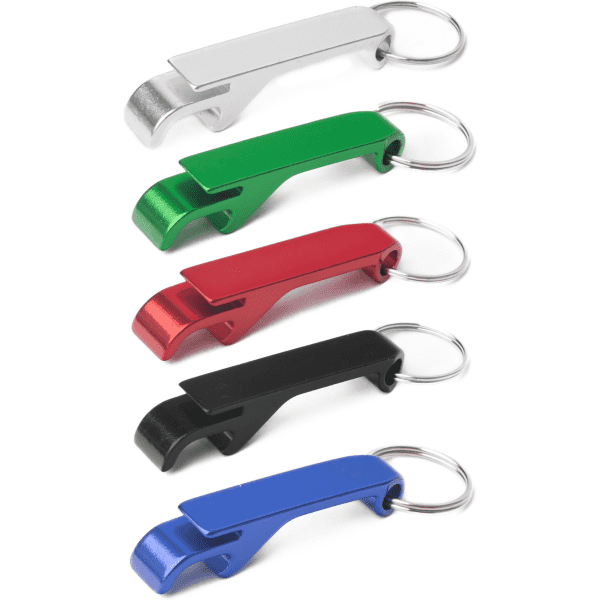 A drink bottle opener keyring in silver, green, red, black, and blue, featuring a logo on each piece.