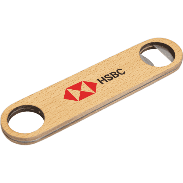 A drink bottle opener made of bamboo with a metal opening, featuring a logo on one side.