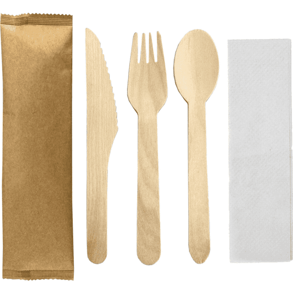 A set of four wooden cutlery pieces in natural wood colour, including a knife, fork, spoon, and a napkin, packaged together.