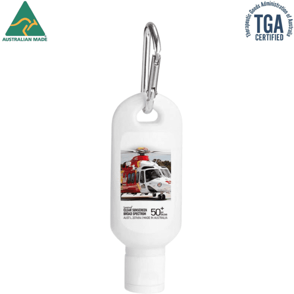 A white 60ml sunscreen lotion with SPF 50, featuring a carabiner for easy attachment and a logo.