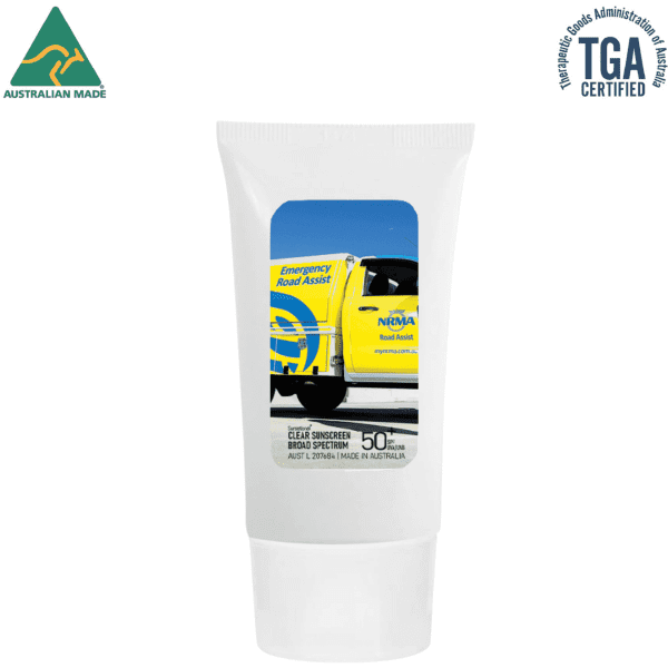 A white tube of 100ml SPF 50 sunscreen lotion with a logo and a colourful image on the front.