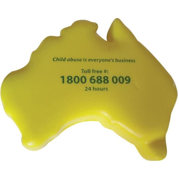A yellow stress shape in the form of Australia, featuring a logo and text on its surface.