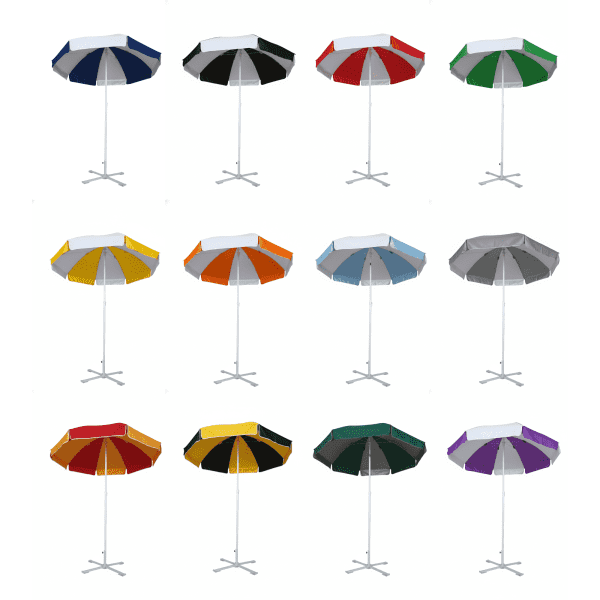 A collection of beach umbrellas in various colours, each featuring a sturdy base and a striped canopy design.