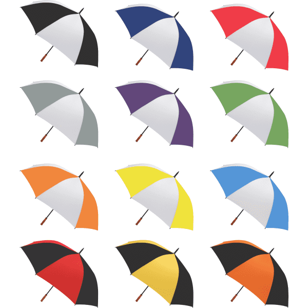 A collection of Bonville Golf Umbrellas in various colours: black, blue, red, green, orange, yellow, purple, and grey. Each features a wooden handle.
