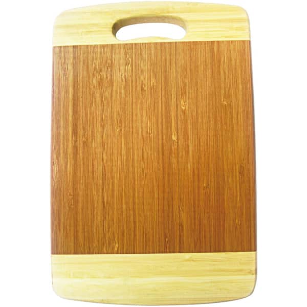 A bamboo chopping board featuring a smooth, two-toned design with a handle for easy carrying.