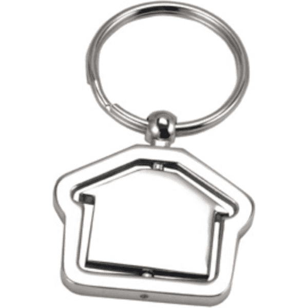 A keyring in the shape of a house, featuring a silver metallic finish and a circular attachment.