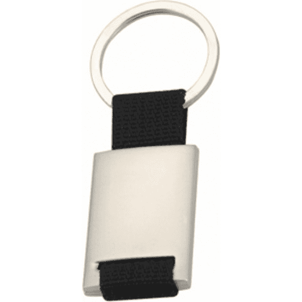 A keyring with a silver metal body and a black fabric strap. It features a circular keyring attachment.
