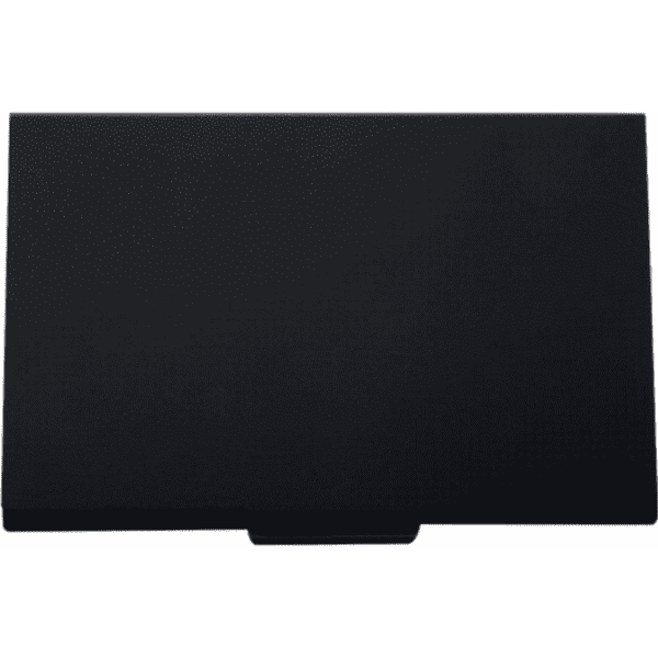 A sleek black cardholder with a textured surface and a sliding opening mechanism. It features a subtle logo.