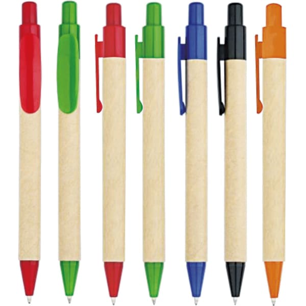 A set of seven pens in various colours: red, green, blue, black, orange, and a natural wood finish. Each pen has a clip.