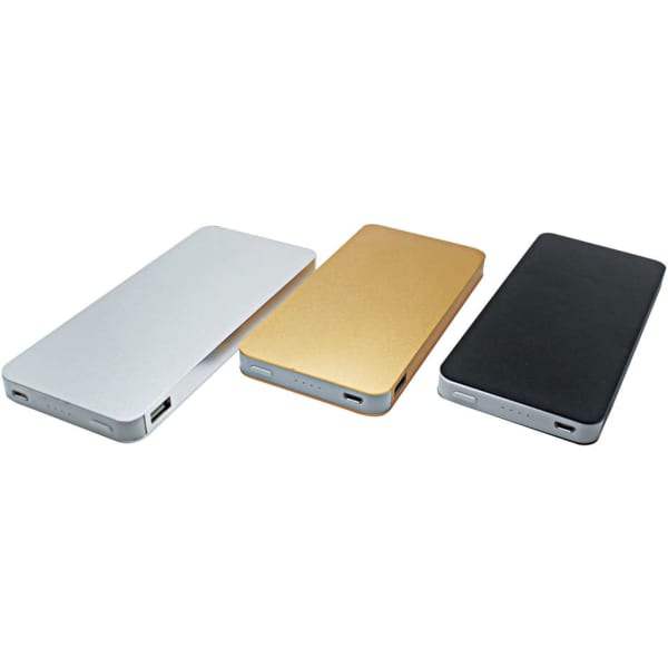 Three powerbanks in silver, gold, and black, each with USB ports and indicator lights, featuring a sleek design.