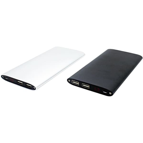 A power bank in white and black, featuring multiple USB ports and a logo.