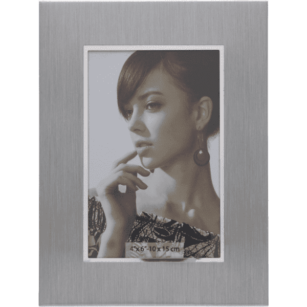 A silver photo frame featuring a portrait-style image, suitable for 10 x 15 cm photographs.