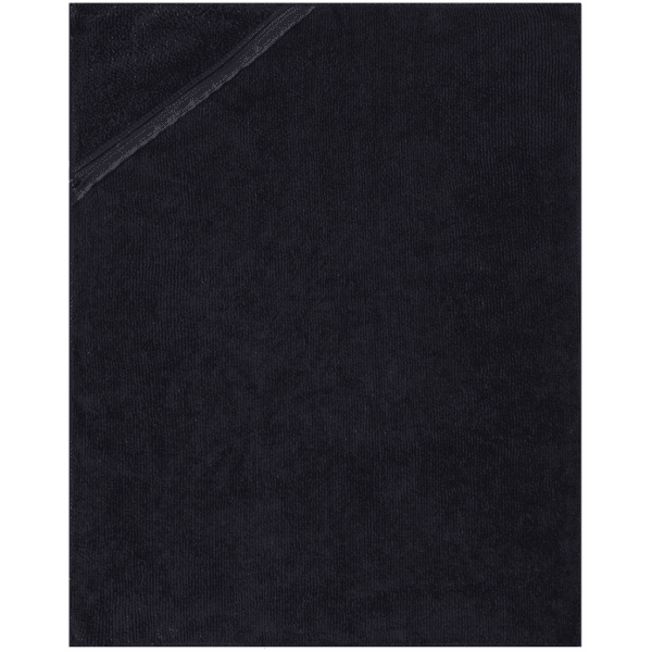 A soft black hand towel featuring a textured surface and a folded corner, with branding present.