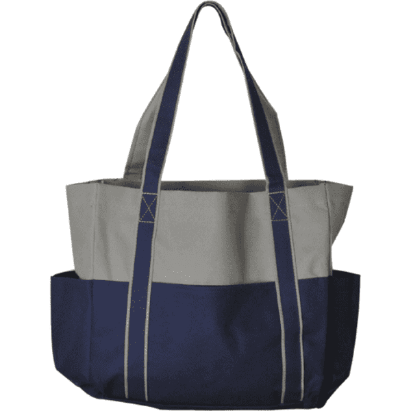 A tote bag in grey and navy with two handles and multiple pockets. It features a logo on the front.