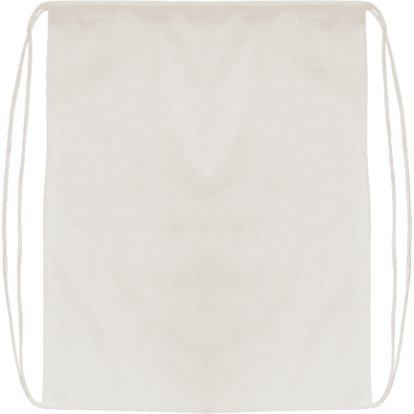 A drawstring bag in a light beige colour with two cord straps on either side.