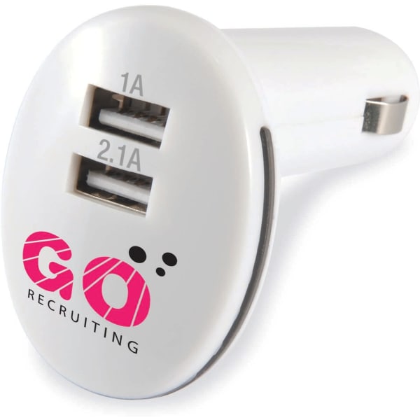 A white car charger featuring two USB ports and a branding logo.