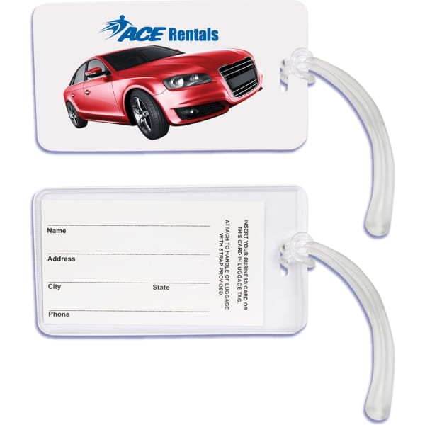 A luggage tag featuring a red car design, a clear plastic holder, and space for personal information. It has a logo.