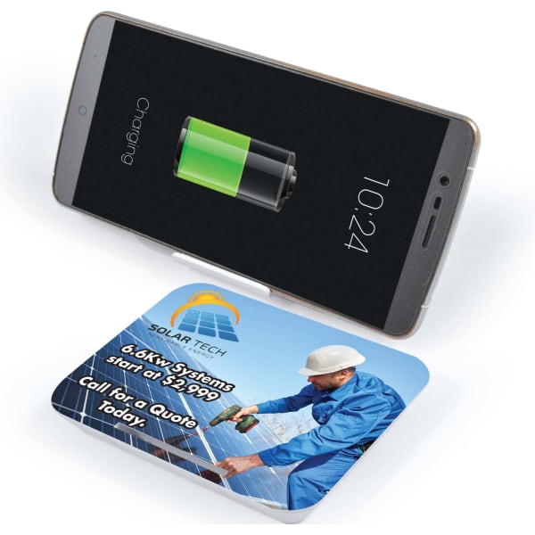 A wireless charger with a sleek design, featuring a charging smartphone and a branding logo on the surface.