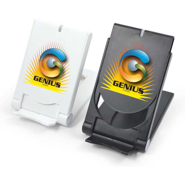 A wireless charger set featuring a black and a white charger, both with a logo on the front.