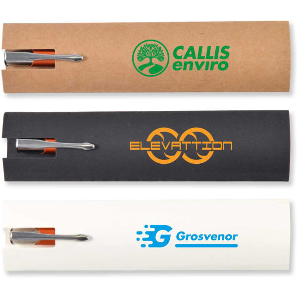 A cardboard pen sleeve set in brown, black, and white, each featuring a logo and holding a pen.