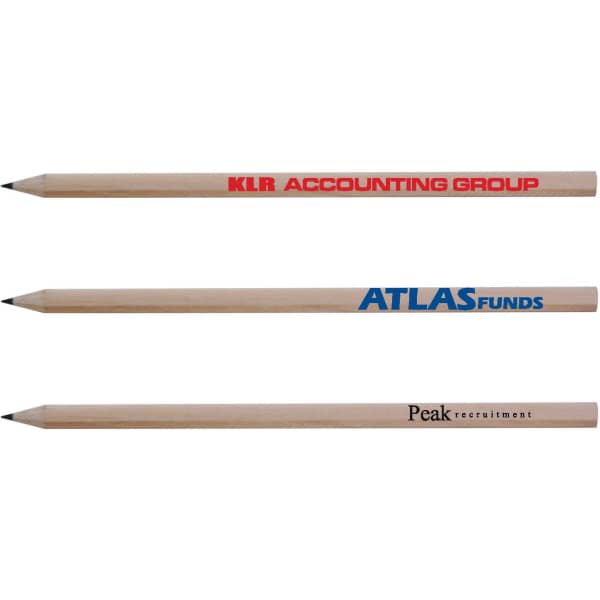 Three grey-lead pencils with natural wooden barrels and branded logos in red, blue, and black.