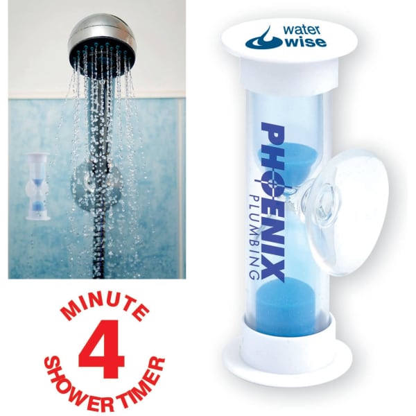 A clear, hourglass-shaped shower timer with blue sand, featuring a logo, alongside a showerhead with flowing water.