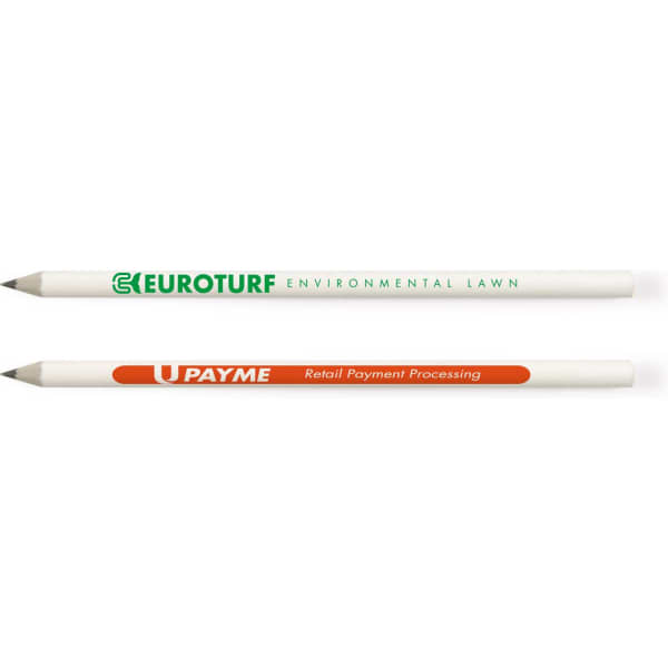 Two grey-lead pencils, one white with green branding and the other white with orange branding.