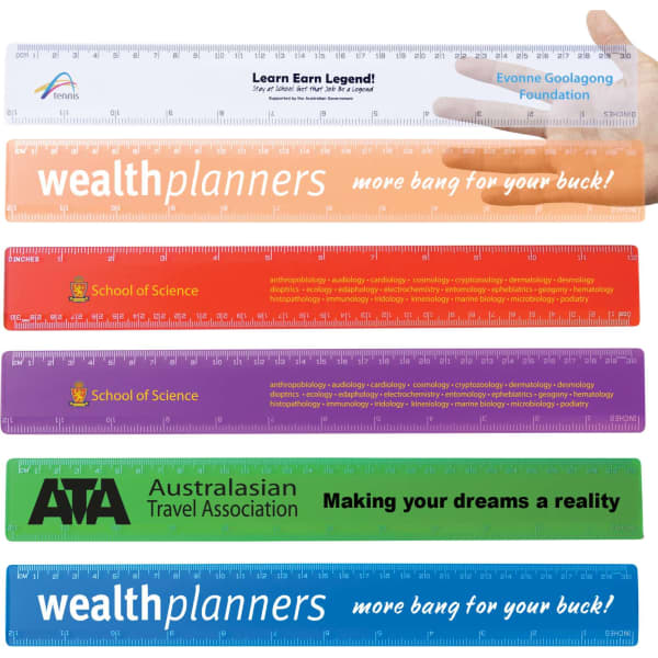 Five transparent 30cm rulers in various colours, featuring logos and promotional text.