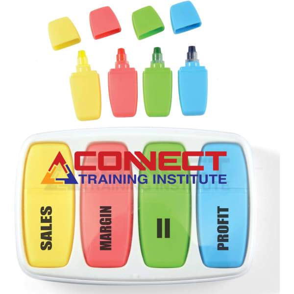 A set of highlighters in yellow, green, blue, and red, arranged in a container with a branding logo.