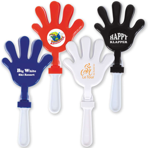 A set of novelty hand clappers in red, black, white, and blue, each featuring a different logo or branding.