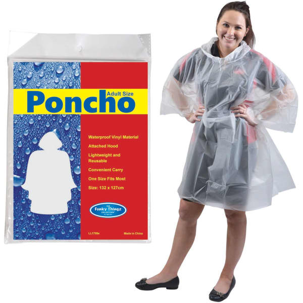 A waterproof, white poncho with an attached hood, displayed alongside its packaging featuring a logo.