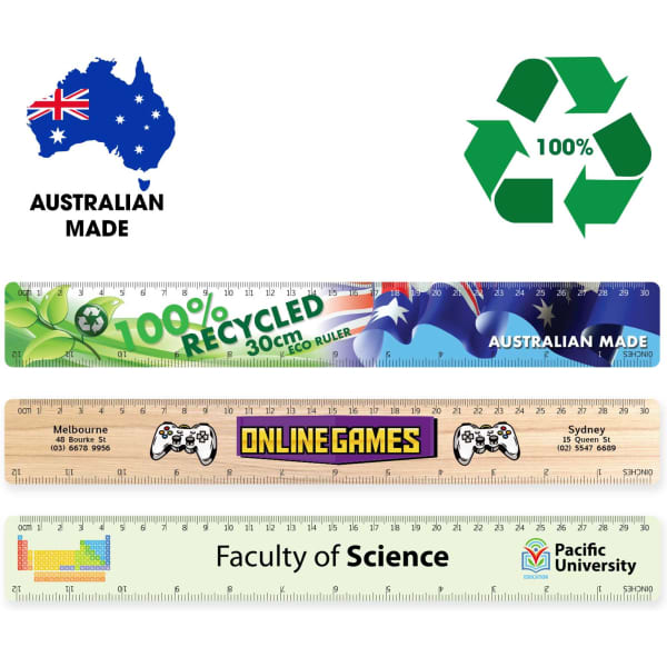 Three 30cm rulers are featured, made from 100% recycled materials. They display various colourful designs and a logo.