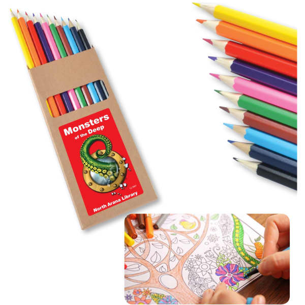 A pencil set with various coloured pencils in a cardboard holder featuring a design and a logo.