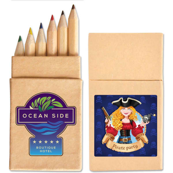 A pencil set featuring coloured pencils in various hues, presented in a cardboard case with branding.
