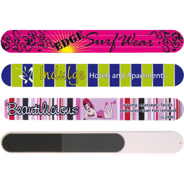 Three nail files in vibrant colours, featuring logos and designs, including pink, green, and black.