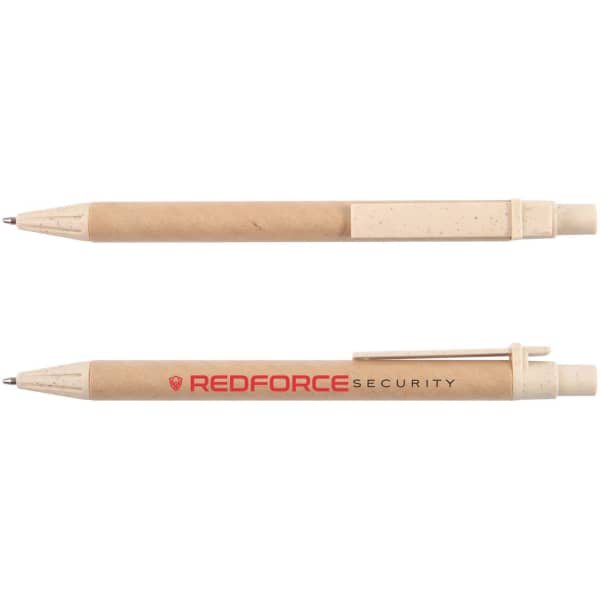 A biodegradable pen in beige with a logo, featuring a smooth barrel and push-button mechanism.
