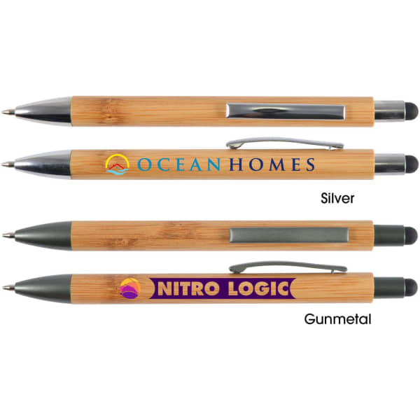 A bamboo pen and stylus set featuring silver and gunmetal finishes with logos.