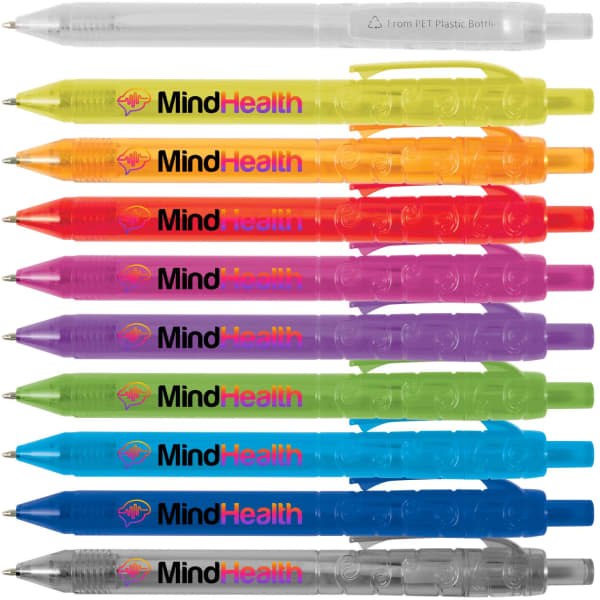 A selection of vibrant plastic pens in various colours, arranged in a row, each with a logo.