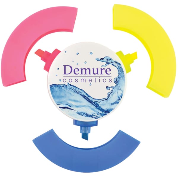 A collection of highlighters in pink, yellow, blue, and a white circular case featuring a logo.
