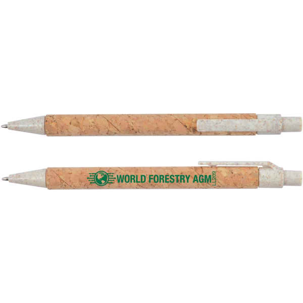 A cork pen in a natural beige tone with white accents and a logo, designed for writing.