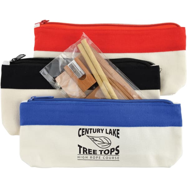 A set of three pencil cases in red, black, and blue, each containing wooden pencils and a sharpener.