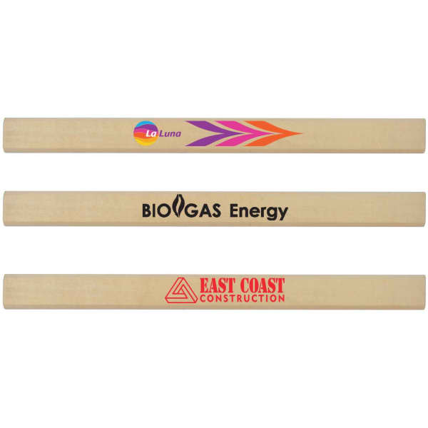 Three wooden pencils, featuring a natural finish, each with different printed logos in various colours.
