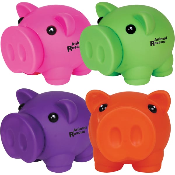 Four coin banks shaped like piglets in pink, green, purple, and orange, each with black eyes and a logo.