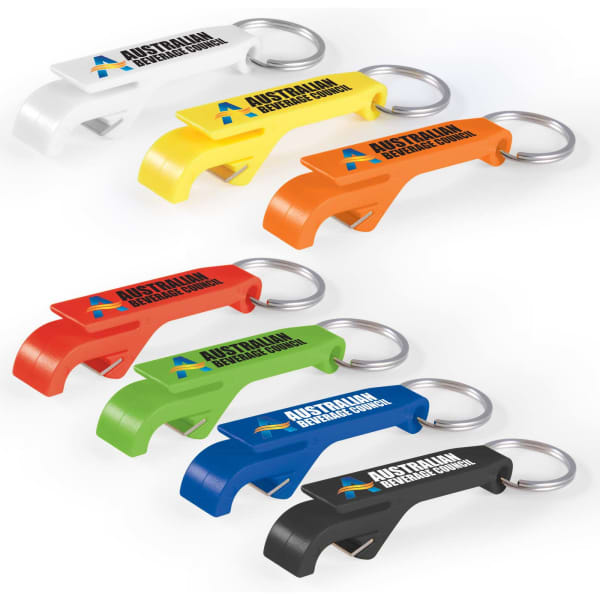 A collection of bottle opener keyrings in white, orange, green, black, red, and blue, featuring a logo on each.