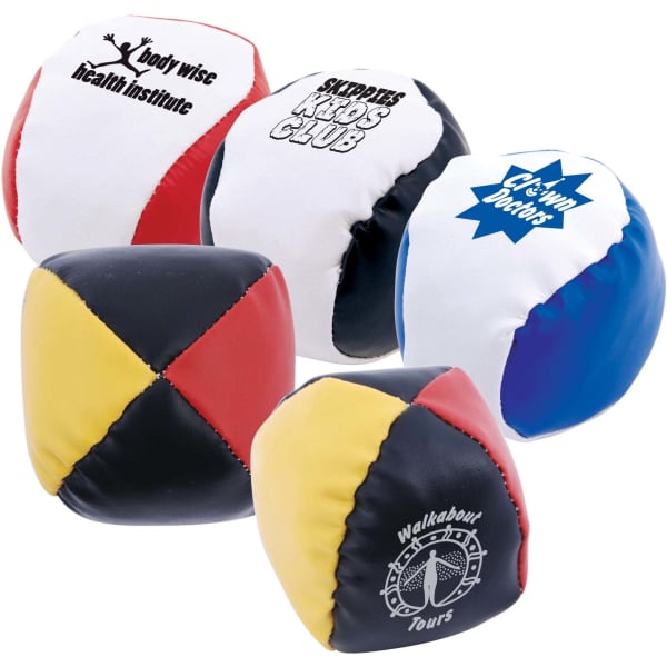 Five brightly coloured hacky sacks in various patterns, featuring different logos and designs.