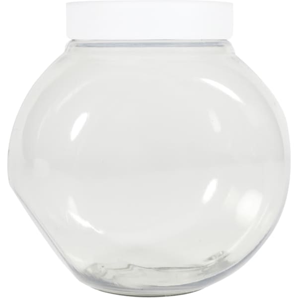 A clear plastic container with a white lid, featuring a round, smooth design.