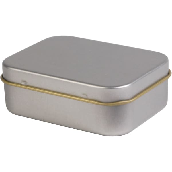A silver rectangular tin with a hinged lid and a gold-coloured band, designed for confectionery products.